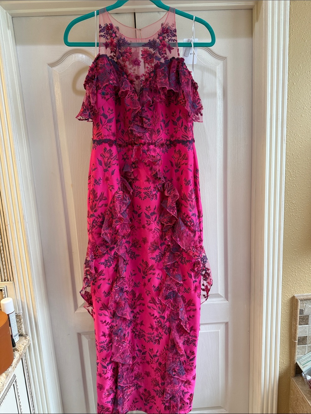 Fuchsia Floral Ruffle Maxi Dress with Sheer Yoke